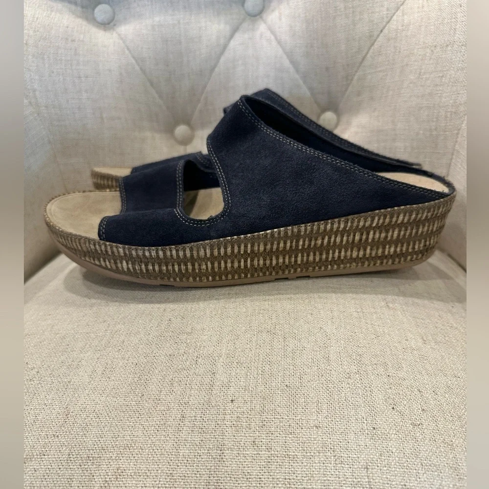 Fitflop Lolla Double Strap Navy Blue Suede Wedge Sandals Shoes Size 11 138-097